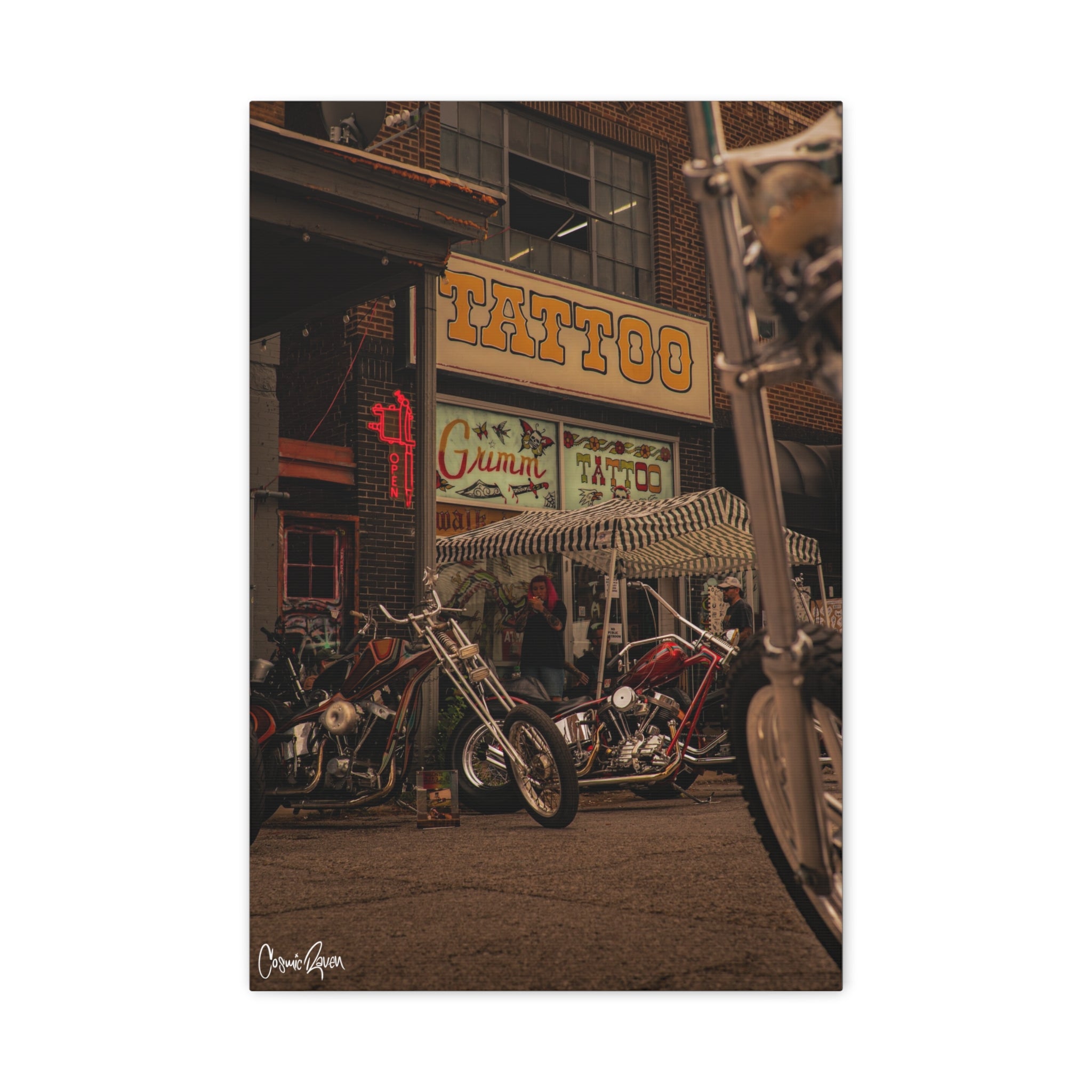 Stockyards Canvas - Tattoo Shop Matte Canvas Photography Print - Urban Motorcycle Art