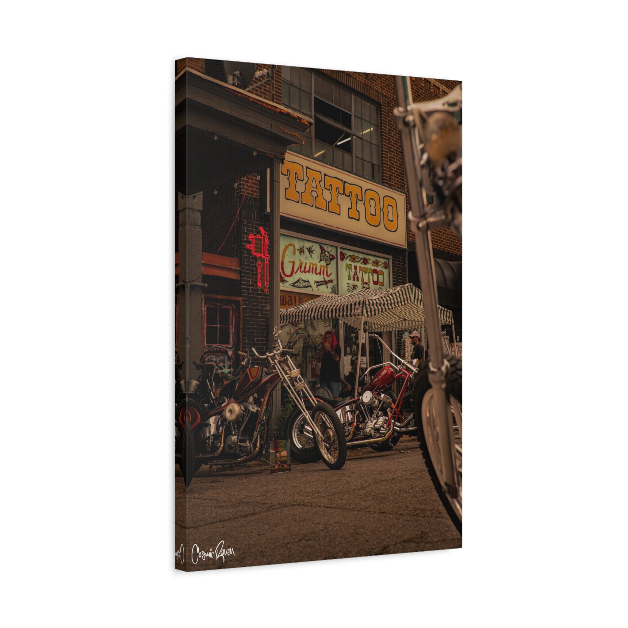 Stockyards Canvas - Tattoo Shop Matte Canvas Photography Print - Urban Motorcycle Art